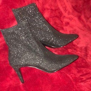 Maye black glitter fabric boots with a 3” heel